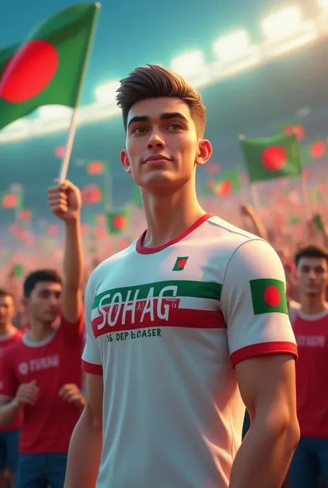 A realistic 3D-style illustration of a young man with a confident and stylish look. He has brown, modern hair and a fit physique, standing proudly in a stadium filled with cheering crowds waving Bangladeshi flags. The young man is wearing a white T-shirt w...