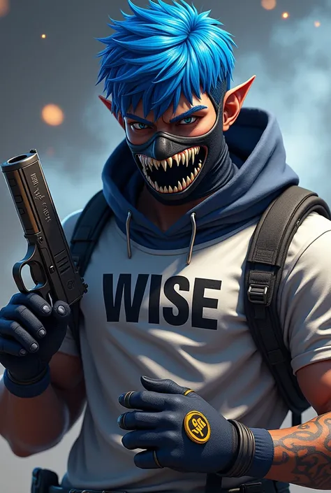  I want a character with blue hair based on the game Fire Fire ,Monster mask and t-shirt written Wise . ff and this image is a YouTube profile ,The character must be from Free Fire male  , Adam holding a Pistol Bullet written Wise.ff