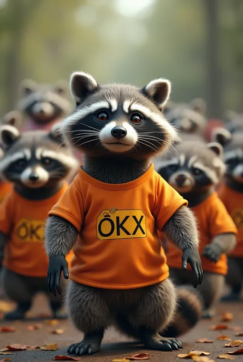 Several raccoons wearing the shirt with the OKX crypto broker logo  