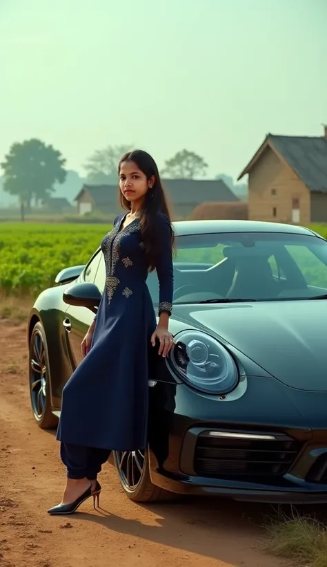 Girl in dark blue punjabi suit pic with black Porsche 911 gt3 with punjab farms background 