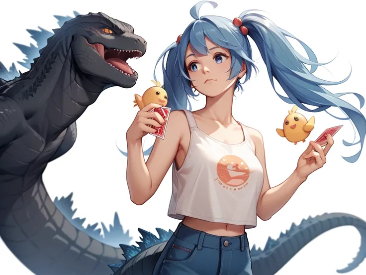 chica estilo anime, blue hair with 2 pigtails , Breasts 34C, With Godzillas tail, Hold two TCG cards in your hand, vestida con ropa casual,  white background