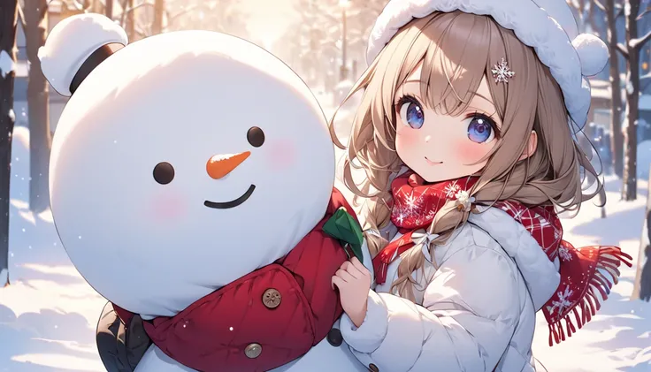  top quality, cute girl, snowman