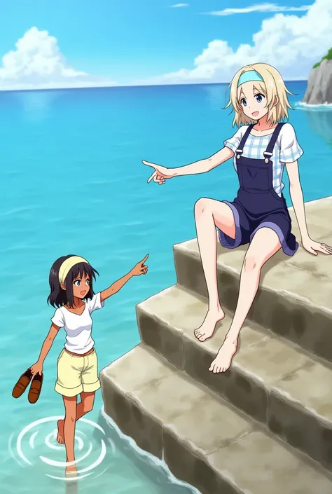 Anime 2 girl, barefeet, mischievous smile, looking to the side at viewer, shoulder-length black wavy hair, barefeet, pale yellow headband, dark brown skin, white shirt, pastel light yellow wide shorts, a pair dripping wet brown leather loafers in her left ...