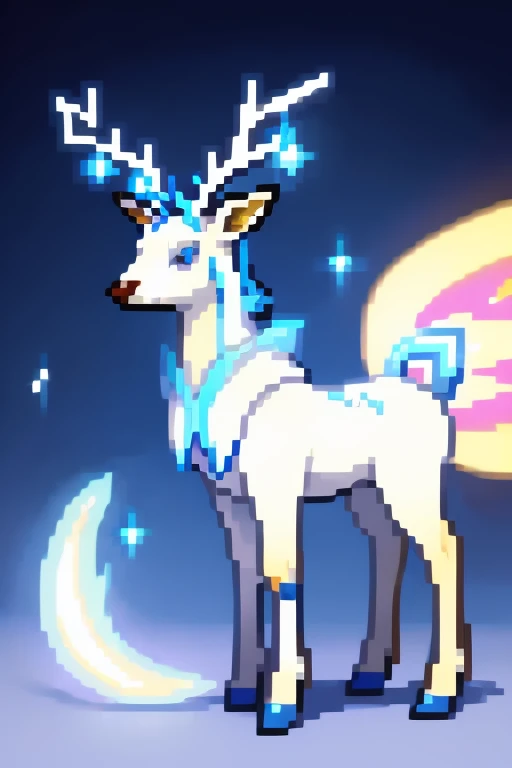  Aurorion is a Pokémon that resembles a deer and has a white coat with luminous horns that change color according to the emotions of its allies. Their eyes are bright blue and have a soft and compassionate expression. . 