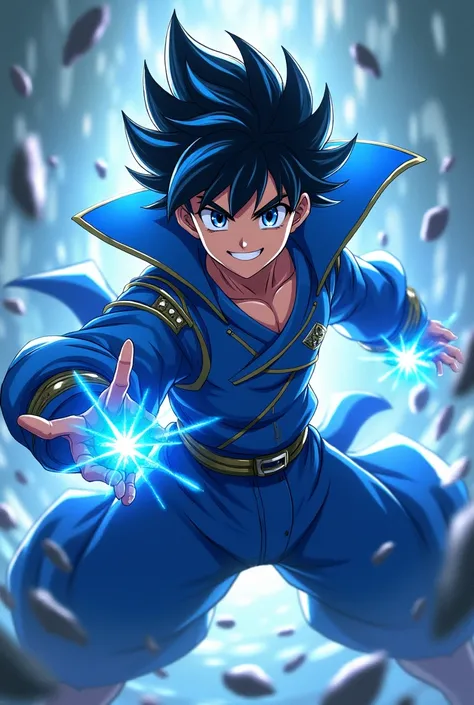 Teenage boy with blue clothes and blue eyes, black and blue hair, smile and anime-style powers 