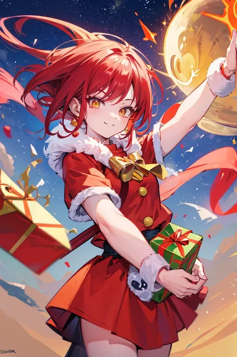 dragon ball, cute saiyan girl, little young, crimson hair, yellow eyes, , smile, electricity, aura, energy, focus on face, red christmas outfit like santa girl, give gifts to you, a lot of gifts, dynamic