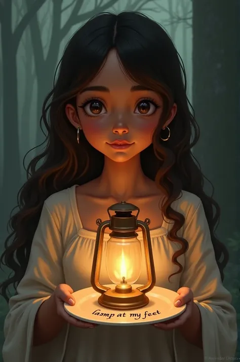 A young woman with an innocent face ,  tender eyes and droopy eyebrows ,  wavy brown hair and dark skin ,  holding a lantern with a burning candle that has a plate that says "Lamp at my feet " 