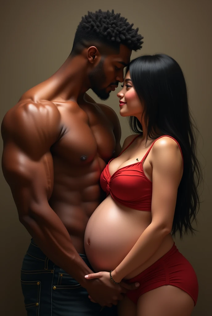  sexy black male has charming muscles，Holding his wife(Chinese Girl,  white skin, Hairy Breasts, Big breasts, Straight black hair ,  detailed fingers and nails ,  mischievous smile ,  stout body from the front ,  Sexy Body, Waist curve,，Pregnant )