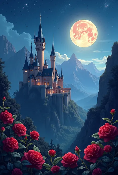  A wallpaper of a starry sky with a moon, with a castle in the center , Mountains and roses