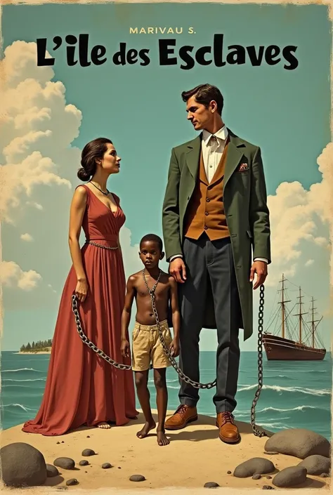 Une affiche sur "lîle des esclaves" de Marivaux, une femme et un homme très grand ,bien habillé, devant eux  une autres femme et homme plus petit,mal habillé avec une chaine autour du coup relié au 2 grand personnages, un autre homme devant tous les autres...