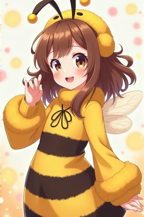  Create a female anime character, with huge brown hair ,  Light brown eyes ,  clothes in the style of a cute bee,  posing with two fingers .