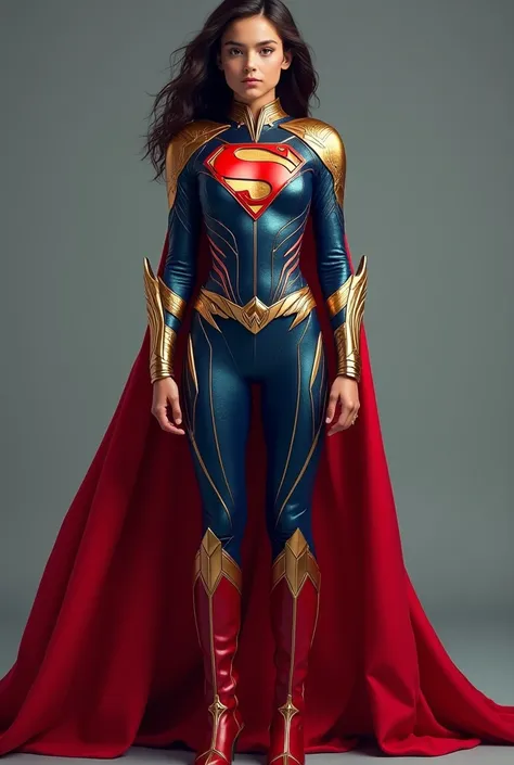 A young heroine with a majestic appearance, daughter of Superman and Wonder Woman, wearing a bikinki-like outfit inspired by the Supergirl New 52 uniform, but with details that reflect her unique legacy. The costume is a one-piece, predominantly metallic b...