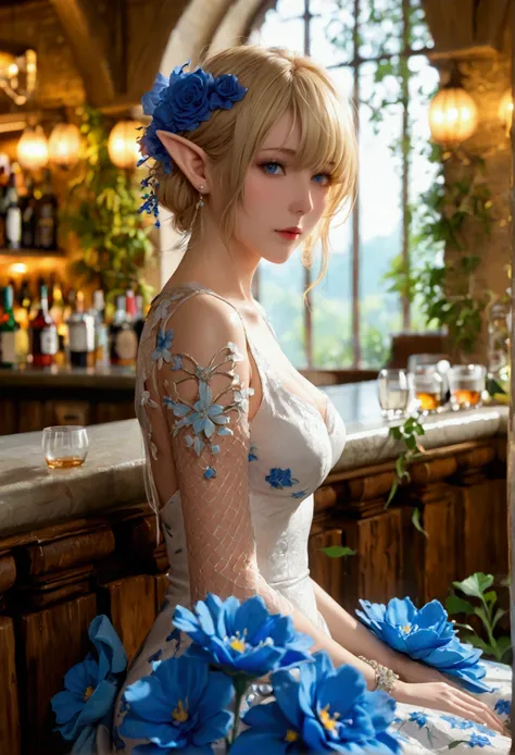 mature elf wearing resort dress, sleeveless dress, white dress, Huge blue flower printed dress, fishnet stocking, braless, no bra, covered huge boobs, short hair, blonde hair, bar, sitting