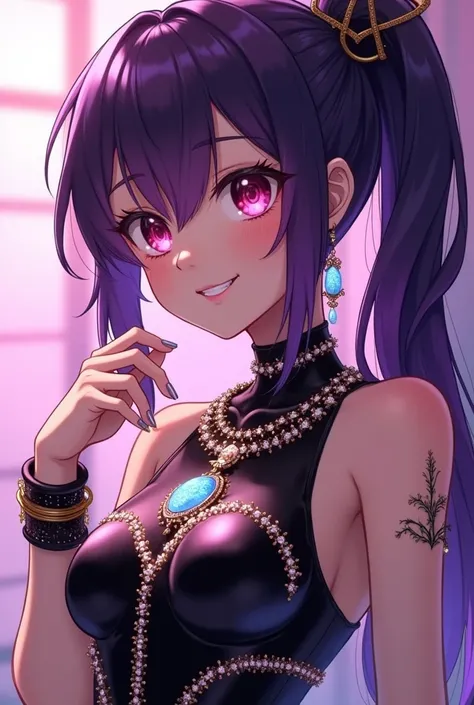 Ultra Detailed Anime Art Black Latex Costume Young Japanese Idol Purple Hair Fuchsia Highlights High Definition Ponytail Sparkling Flashy Necklace Earrings Bracelets