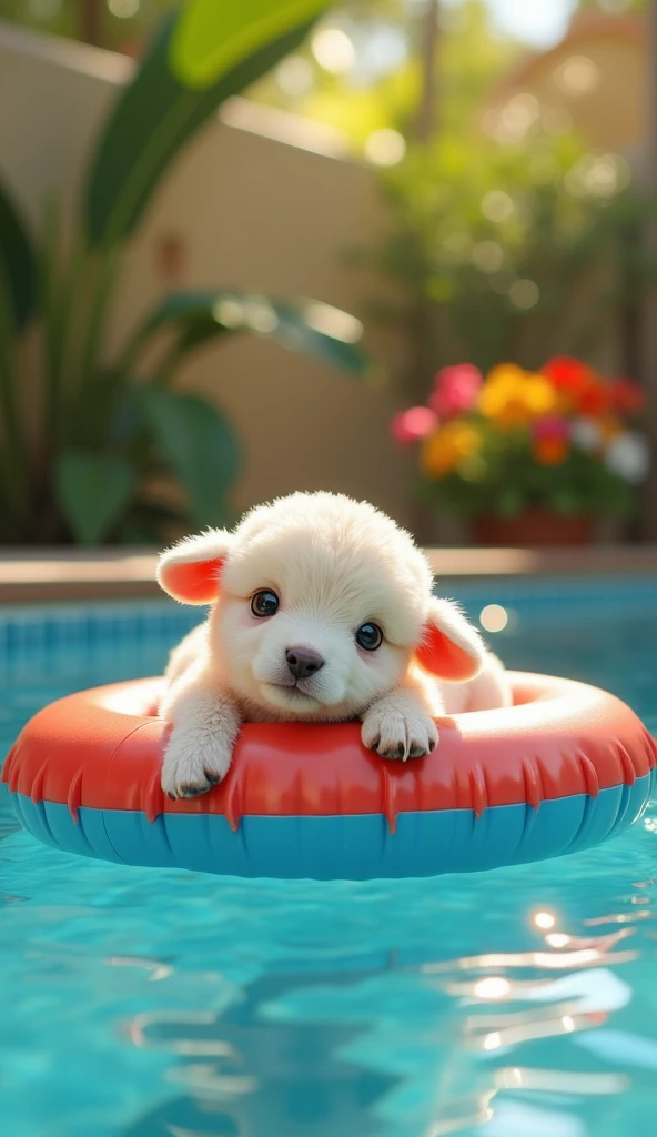  An ultra realistic baby sheep incredibly cute ,  with soft and thick coat in shades of white and cream ,  relaxing with an adorable expression in a colorful buoy inside a pool .  The puppy lies softly on the buoy ,  with its big and curious eyes , and the...