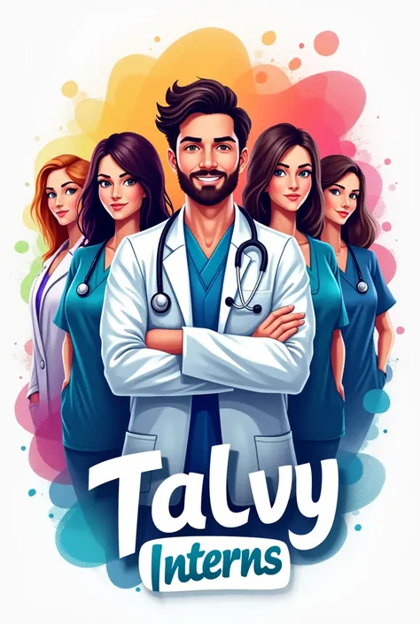 Create a logo with 1 doctor plus 3 female gallbladder doctors that says General Surgery,  below the image TALVY Interns . Make it a creative and colorful image  