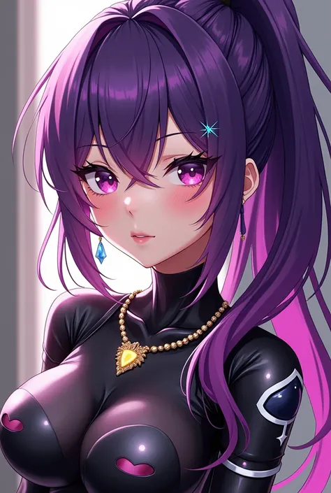 Ultra Detailed Anime Art Black Latex Costume Young Japanese Idol Purple Hair Fuchsia Highlights High Definition Ponytail Sparkling Flashy Necklace Earrings Bracelets