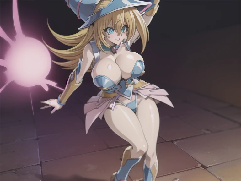 {{masterpiece, ultra-high quality, ultra detailed,}} Perfect Character Fusion, Perfect Outfit Fusion, Sakura Igawa, Dark Magician Girl, taimanin suit, blue hat, dark orange hair, blue eyes, large breasts, happy expresion, bedroom background, full body shot...