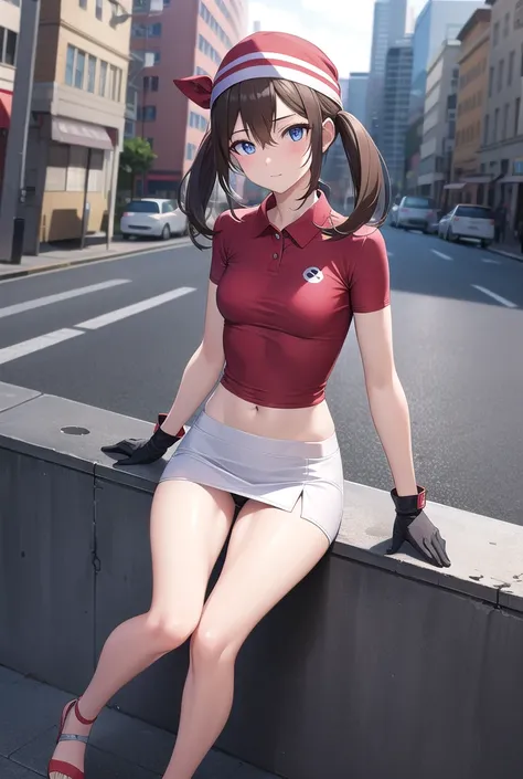 pokemonmay, pokemonmay, blue eyes, brown hair, bandana, long hair, red bandana, twintails, hair between eyes, (small breasts:1.2),
BREAK, collared shirt, gloves, microskirt, multicolored shirt, pencil skirt, red shirt, shirt, short sleeves, skirt, white sk...