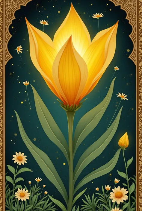 An image of a mysticl yellow flower in a secret garden in old style mughal minature paintings
The essence of mughal minature pintings shud be visible