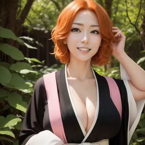  Masterpiece,  Best Quality , Matsumoto Rangiku,  short hair, pelo entre los ojos, collar,black Kimono, neckline, ginger hair ,pink sash,  huge breasts ,  looking at viewer ,  portrait, upper body , forest,1 girl, Alone,smile,  photograph,