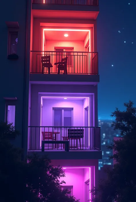  A terrace illuminated intensely at night ,  projecting bright light onto the adjoining apartment, with silhouettes of railings and windows . Do it in animated format 