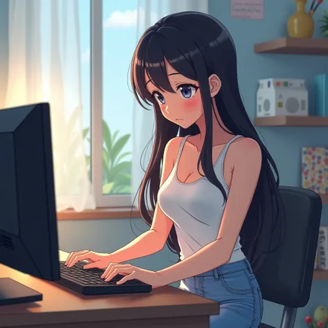 1girl, anime girl, dark hair, slight tan, jeans, form fitting white tank top, long hair, round neckline, sitting in desk, indoors, typing on computer, home, 