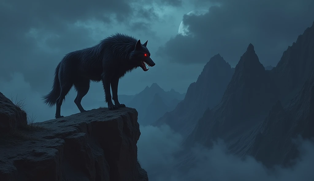 A big black wolf eyes well be red showting from the mountain in mid night time in rajasthan in 1980 in horror and dark theme 