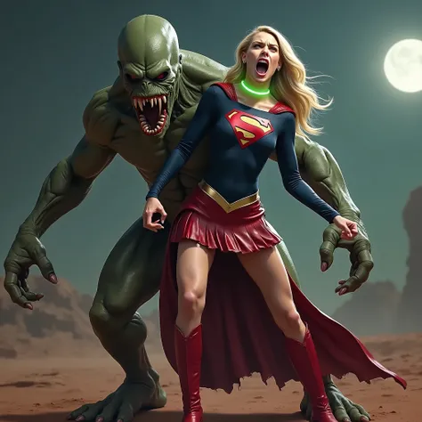 Melissa Benoist as Supergirl, Melissa Benoist is wearing a Supergirl costume as seen on TV, fighting with a big alien monster, very bright white skin, can see whole body, Supergirl is wearing a short red leather fabric skirt, ((tattered skirt and upskirt:1...