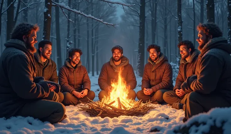  A circle of people around a bonfire in the middle of the snowy forest ,  with expressions of joy and festive elements such as wreaths of branches or mead horns.
 details : an atmosphere of warmth that contrasts with the cold of the environment .  fantasti...