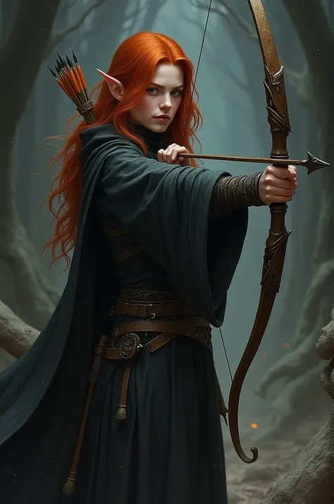 Red head elf cleric in dark clothes with a bow
