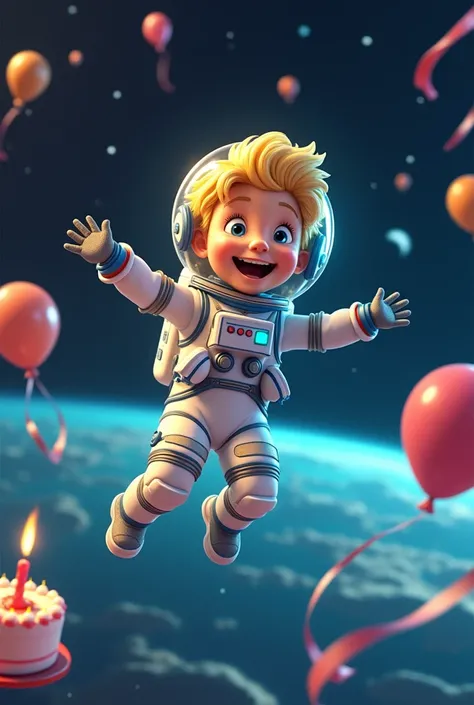 Funny blond boy astronaut in space on his birthday 