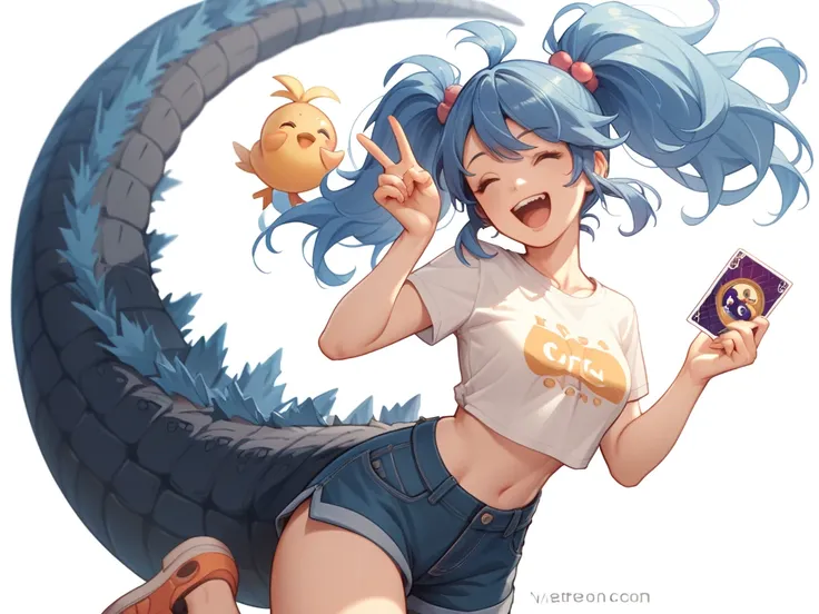 chica estilo anime, blue hair with 2 pigtails , Breasts 34C, With Godzillas tail, Hold a TCG card in your hand, vestida con ropa casual, Laughing Wicked,  white background