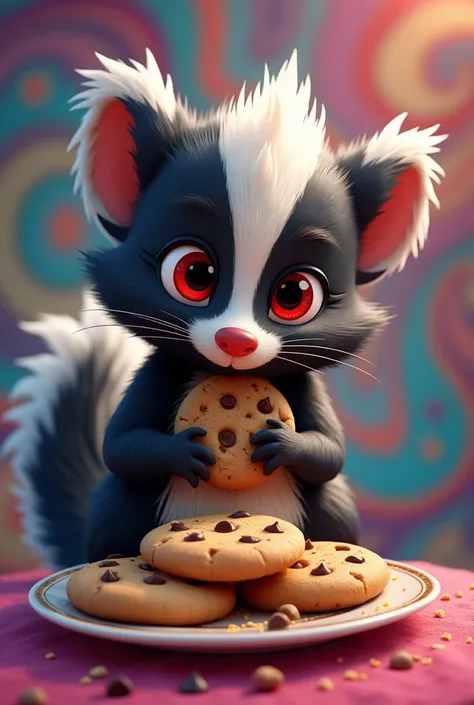 Crée un logo d’une moufette style pixar gentil avec les yeux rouge qui mange des cookies. Style psychédélique 