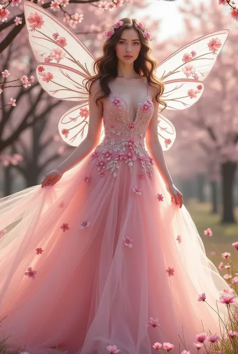 The April cherry blossom fairy is a vision of springs full bloom, her dress a delicate blend of soft pinks, white and touches of lavender reflecting the ethereal beauty of cherry blossoms in full flower. Crafted from silk and organza, the gown features lay...