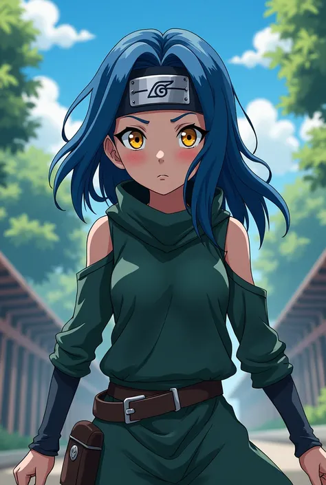 Fais moi une femme dans la vingtaine avec les yeux cheveux de couleur bleus et les yeux de couleur jaunes avec une cicatrice horizontale sous loeil qui est ninja dans le style de lanimé naruto