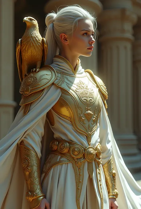 White flared tunic with a shoulder pad and gold metal gauntlets on the left arm 

with a golden eagle standing on his shoulders
The golden eagle is integrated on the shoulder pads 