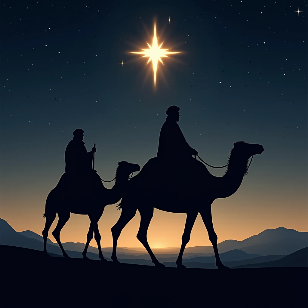 Silhouettes of three men riding camels。star of bethlehem