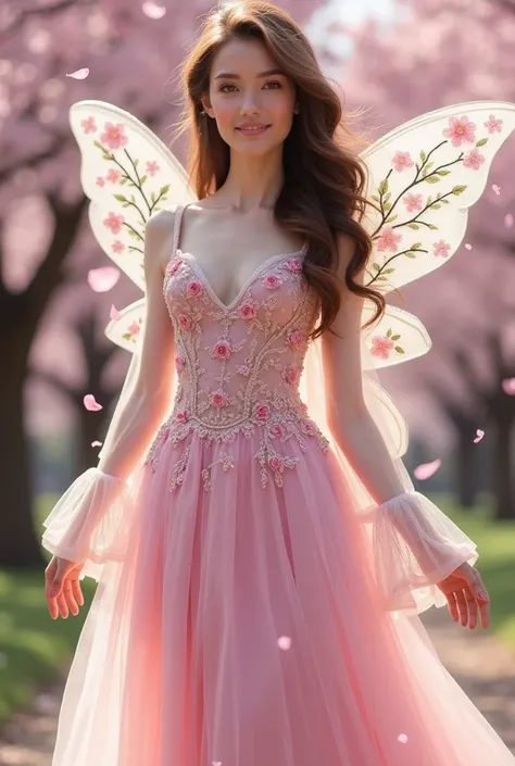 The April cherry blossom fairy is a vision of springs full bloom, her dress a delicate blend of soft pinks, white and touches of lavender reflecting the ethereal beauty of cherry blossoms in full flower. Crafted from silk and organza, the gown features lay...