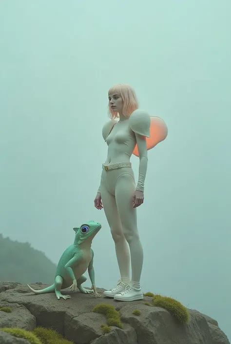 photo scene, best quality, UHD quality 8k HDR, foto real. surreal photo pale ethereal figure pastel-colored hair minimalist makeup wearing off-white futuristic outfit glossy organic-looking shoulder pads resembling glass.  creature glowing eyes translucent...