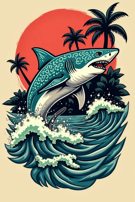 Traditional old school tattoo of shark jumping in the sea with palm trees and waves without flowers with many colors