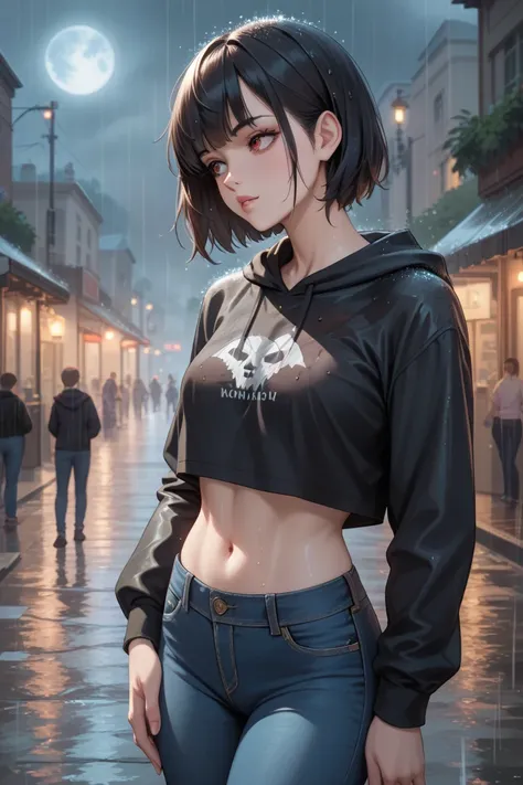 Anime girl, black hair shoulder length hair, bangs, brown-reddish eyes, pale white skin, long black sweatshirt, black skinny jeans, fit, standing, blue light,outside, cold contrast, vampire, no make up, moon light, looking away from camera, raining