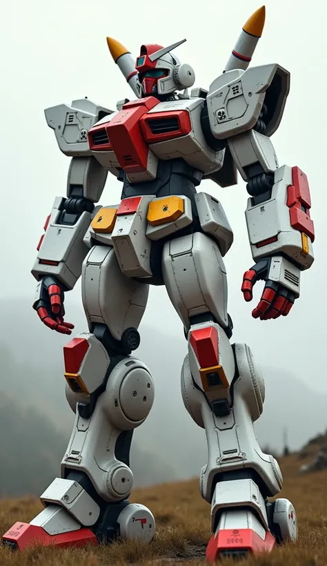 4K, 3D rendering. A heavily-armored, heavily-armed giant combat robot standing in the wilderness. Its body is primarily white, with red and yellow accents that enhance its powerful and combat-ready appearance. The head features a helmet-like red design wit...