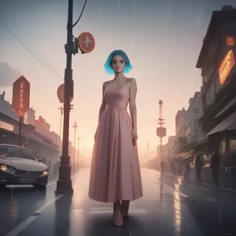 a beautiful anime girl in a detailed urban street environment, long blue hair, bright blue eyes, detailed facial features, light pink dress, standing on the sidewalk of a modern city, towering skyscrapers in the background, neon signs, streetlights, cars p...