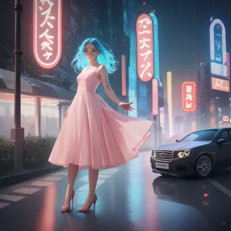 a beautiful anime girl in a detailed urban street environment, long blue hair, bright blue eyes, detailed facial features, light pink dress, standing on the sidewalk of a modern city, towering skyscrapers in the background, neon signs, streetlights, cars p...