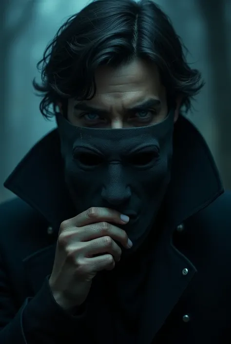 A black-haired man with blue eyes in the dark ,  he has a mask in front of his face that he holds