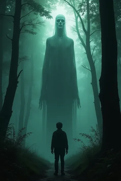 Allí estaba, una figura delgada, pálida, con los ojos vacíos, observándome." "A pale, thin humanoid figure with empty eye sockets, standing motionless in the forest, eerie glow around it, young man in the foreground looking terrified, medium shot, hyper-re...