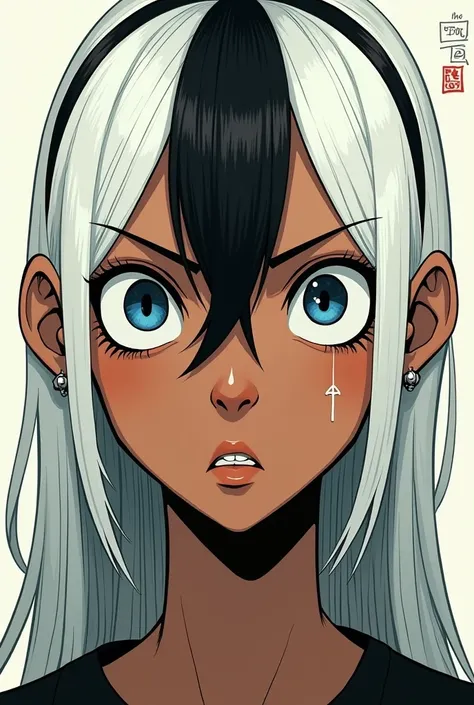  Create an illustration-style character , With brown skin.  White hair and a central black lock.  In one of the blue eyes , A Policory  (two pupils in the same eye ).  Has a sarcastic face with a cruel tone.