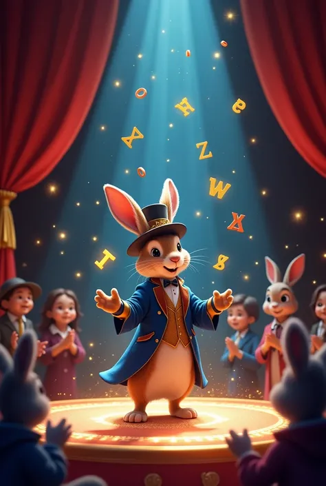 " The scene of a rabbit named Jorge on an illuminated stage ,  dressed in an elegant magical costume with cover and top hat .  Jorge is performing an impressive trick :  floating letters ,  colored scarves and rings around him in a speck spectacle of vibra...