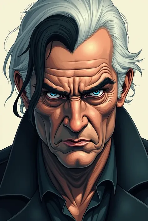 Create a man in illustration style , With brown skin.  White hair and a central black lock.  In one of the blue eyes , A Policory  (two pupils in the same eye ).  He has a sarcastic face with a cruel tone.